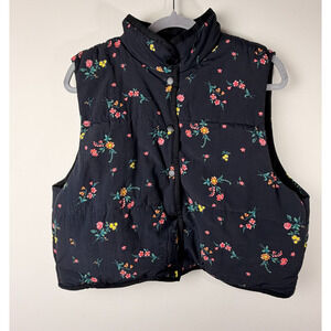 Love Fire Floral Puffer Vest XL Cropped Quilted Snap Front Cottagecore Spring